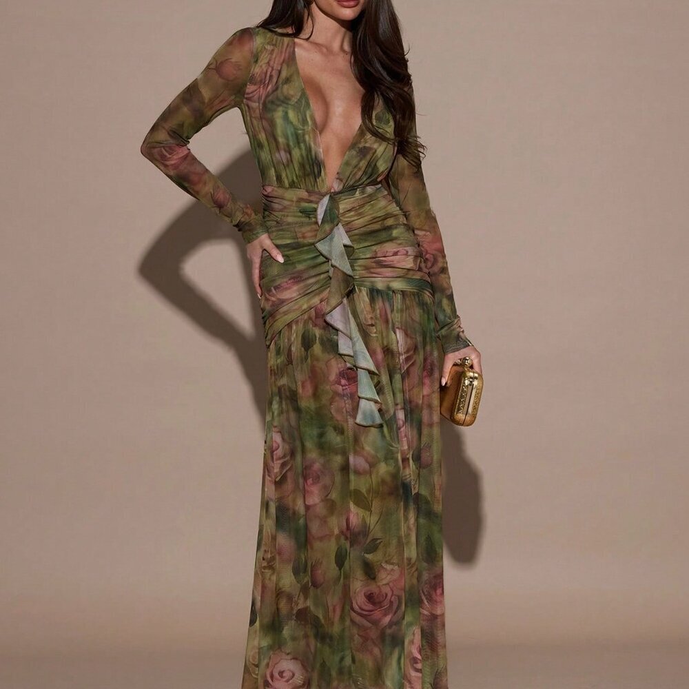 Green Elegant Women's Sexy Floral Print Deep V-Neck Dress - Picture 4 of 6